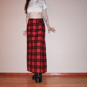 Y2k Ralph Lauren red tartan plaid soft wool maxi wrap skirt Sz 6